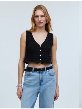 Madewell Black Textured Button-Front Cropped Vest 0363